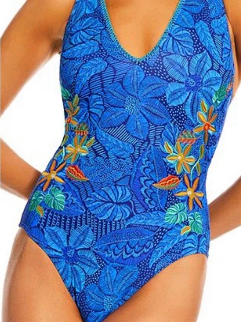 Johnny Was Royal Blue Floral One-Piece with Orange and Green Embellishment